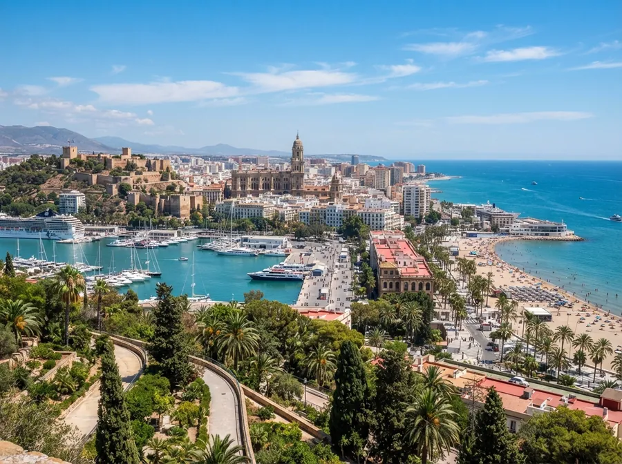 Vista aérea de Málaga, con la Alcazaba y el puerto